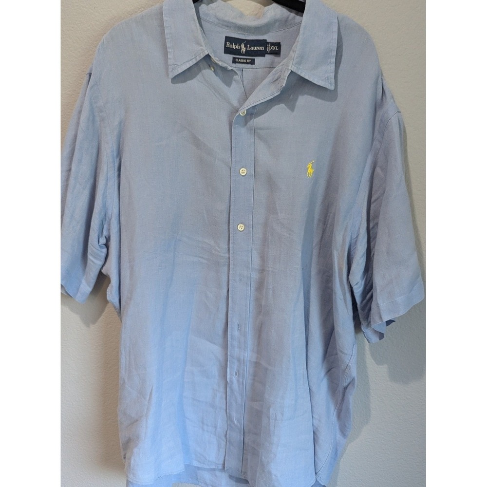 Ralph Lauren Button Down Mens XXL Blue Short Sleeve Linen Classic Fit Good